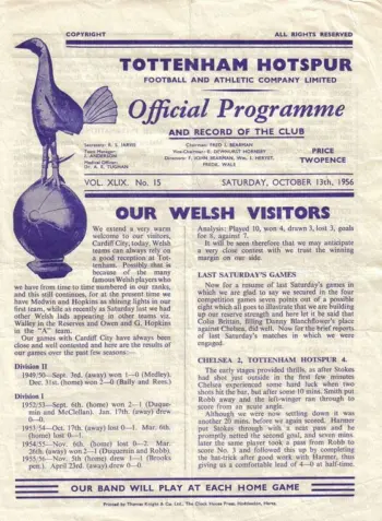 Spurs v Cardiff City (13 Oct 1956) Programme