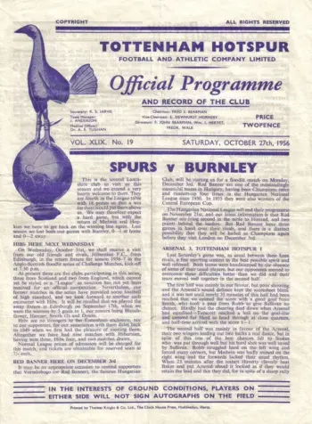 Spurs v Burnley FC (27 Oct 1956) Programme