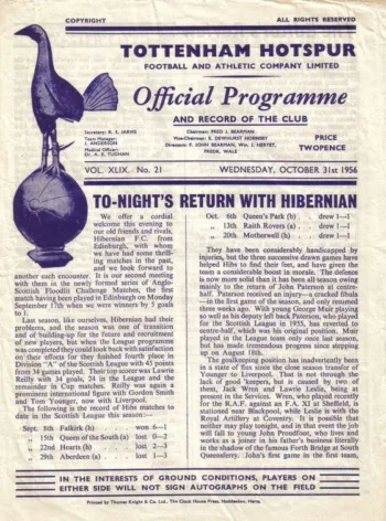 Spurs v Hibernian (31 Oct 1956) Programme