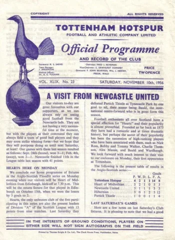 Spurs v Newcastle United (10 Nov 1956) Programme