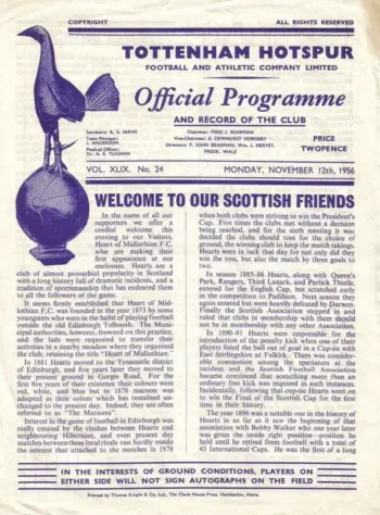 Spurs v Heart of Midlothian (12 Nov 1956) Programme