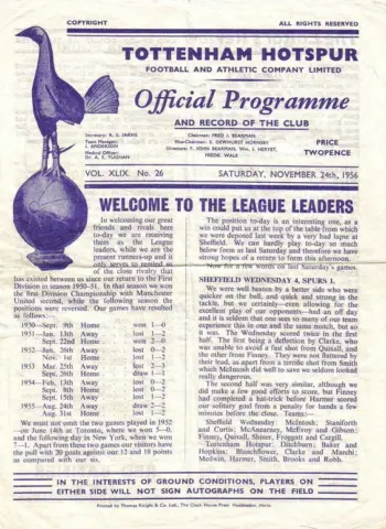 Spurs v Manchester United (24 Nov 1956) Programme