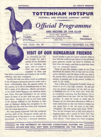 Spurs v MTK Budapest FC (03 Dec 1956) Programme