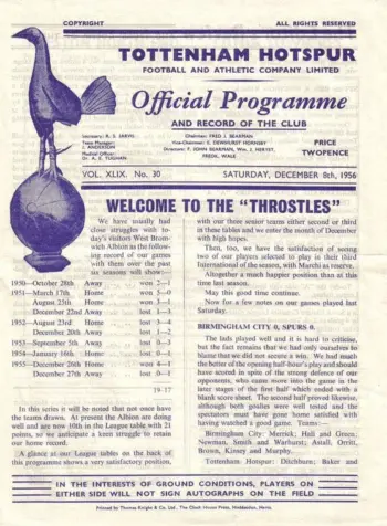 Spurs v West Bromwich Albion (08 Dec 1956) Programme