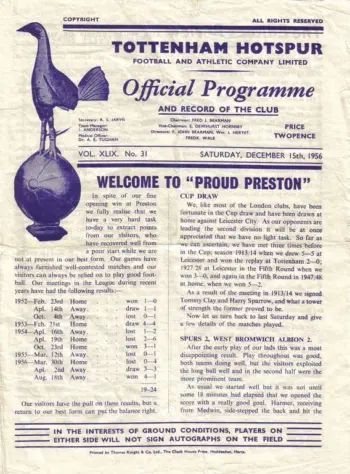 Spurs v Preston North End (15 Dec 1956) Programme