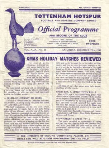 Spurs v Bolton Wanderers (29 Dec 1956) Programme