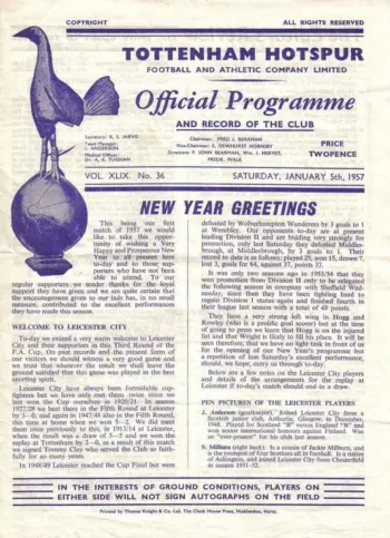Spurs v Leicester City (05 Jan 1957) Programme