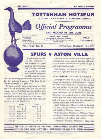 Spurs v Aston Villa (19 Jan 1957) Programme