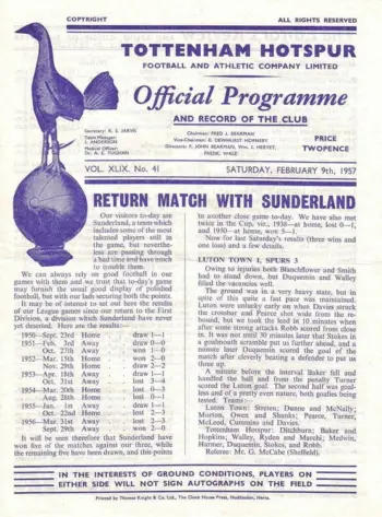 Spurs v Sunderland AFC (09 Feb 1957) Programme