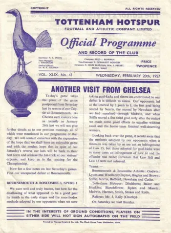 Spurs v Chelsea FC (20 Feb 1957) Programme