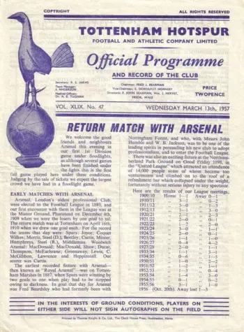 Spurs v Arsenal FC (13 Mar 1957) Programme