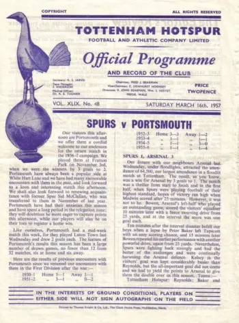 Spurs v Portsmouth FC (16 Mar 1957) Programme