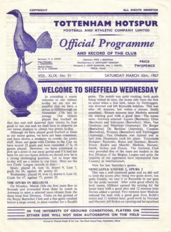 Spurs v Sheffield Wednesday (30 Mar 1957) Programme