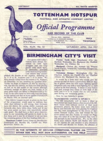Spurs v Birmingham City (13 Apr 1957) Programme