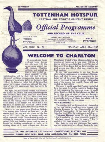 Spurs v Charlton Athletic (22 Apr 1957) Programme