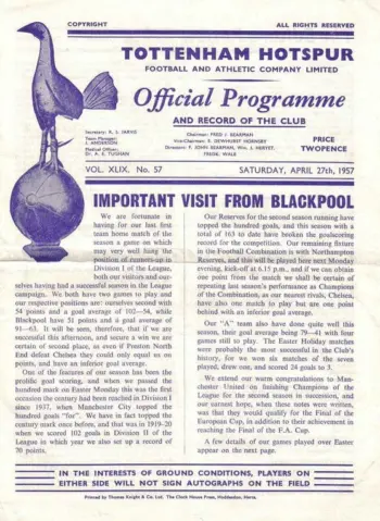 Spurs v Blackpool FC (27 Apr 1957) Programme