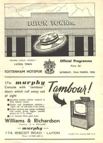 Spurs v Luton Town (22 Mar 1958) Programme
