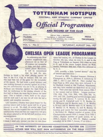 Spurs v Chelsea FC (24 Aug 1957) Programme