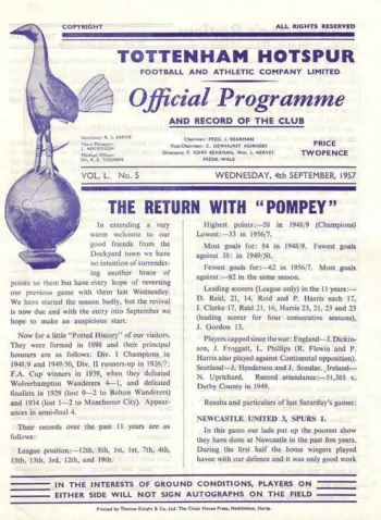 Spurs v Portsmouth FC (04 Sep 1957) Programme