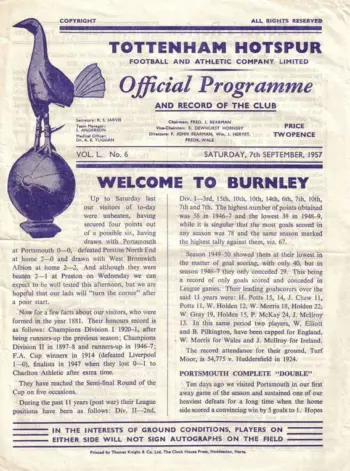 Spurs v Burnley FC (07 Sep 1957) Programme
