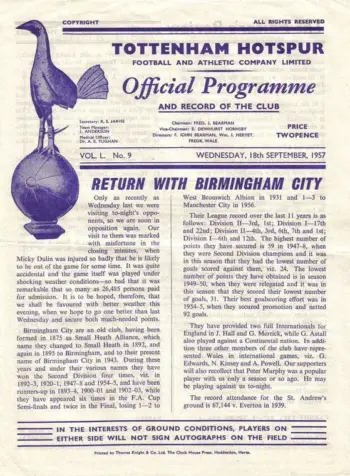 Spurs v Birmingham City (18 Sep 1957) Programme