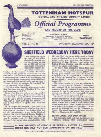 Spurs v Sheffield Wednesday (21 Sep 1957) Programme