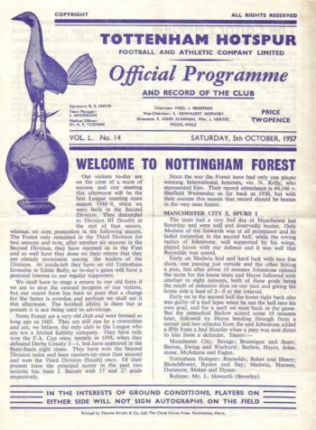 Spurs v Nottingham Forest (05 Oct 1957) Programme