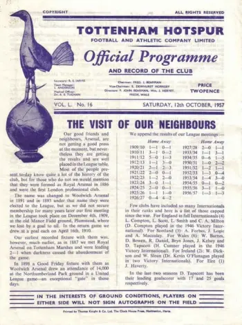 Spurs v Arsenal FC (12 Oct 1957) Programme