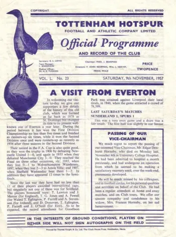 Spurs v Everton FC (09 Nov 1957) Programme