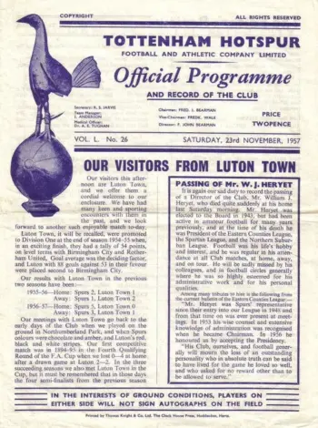 Spurs v Luton Town (23 Nov 1957) Programme