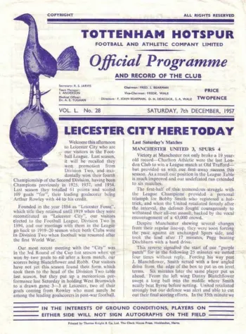 Spurs v Leicester City (07 Dec 1957) Programme