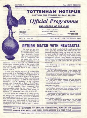 Spurs v Newcastle United (28 Dec 1957) Programme