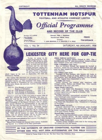 Spurs v Leicester City (04 Jan 1958) Programme
