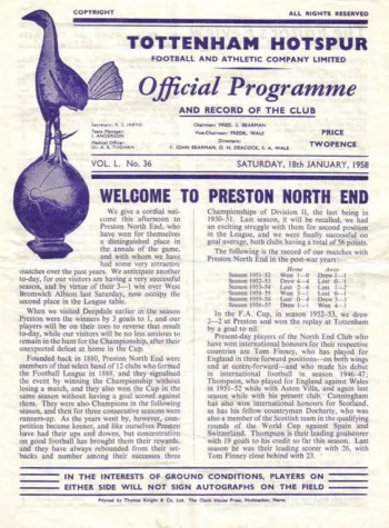 Spurs v Preston North End (18 Jan 1958) Programme
