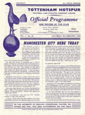 Spurs v Manchester City (08 Feb 1958) Programme