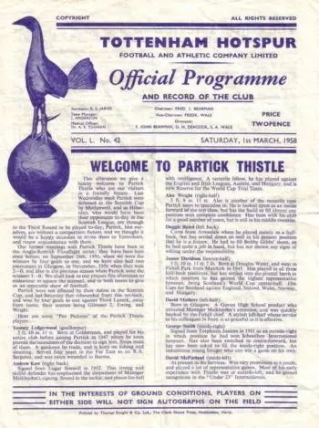 Spurs v Partick Thistle FC (01 Mar 1958) Programme