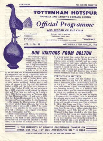 Spurs v Bolton Wanderers (12 Mar 1958) Programme
