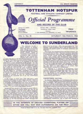 Spurs v Sunderland AFC (15 Mar 1958) Programme