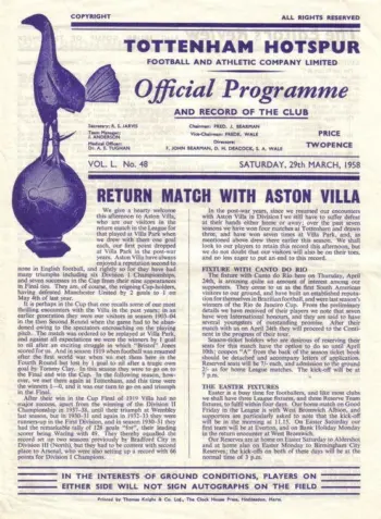 Spurs v Aston Villa (29 Mar 1958) Programme