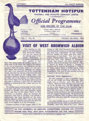 Spurs v West Bromwich Albion (04 Apr 1958) Programme