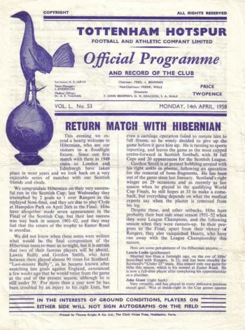 Spurs v Hibernian (14 Apr 1958) Programme