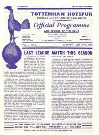 Spurs v Blackpool FC (26 Apr 1958) Programme