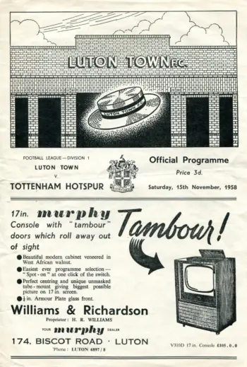 Spurs v Luton Town (15 Nov 1958) Programme
