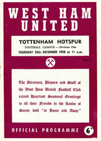 Spurs v West Ham United (25 Dec 1958) Programme
