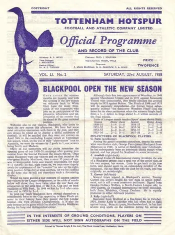 Spurs v Blackpool FC (23 Aug 1958) Programme