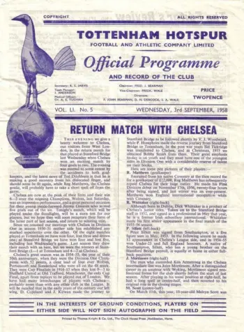 Spurs v Chelsea FC (03 Sep 1958) Programme