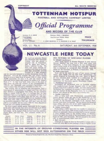 Spurs v Newcastle United (06 Sep 1958) Programme