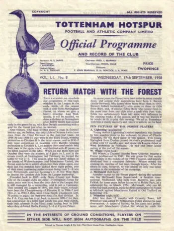 Spurs v Nottingham Forest (17 Sep 1958) Programme