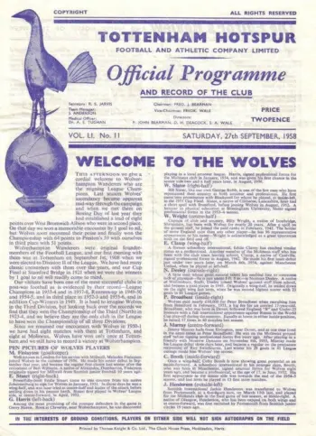Spurs v Wolverhampton Wanderers (27 Sep 1958) Programme