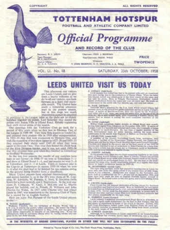 Spurs v Leeds United (25 Oct 1958) Programme